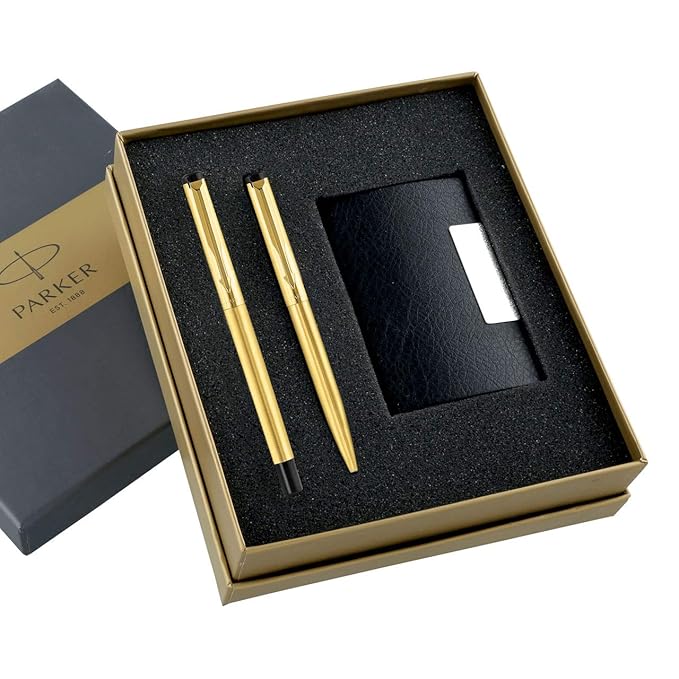 Parker Vector Gold Trim Roller Ball Pen and Ball Pen Luxury Gift Set, Blue Ink